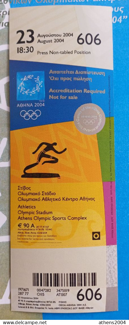 Athens 2004 Olympic Games - Athletics Unused Ticket, Code: 606 - Habillement, Souvenirs & Autres