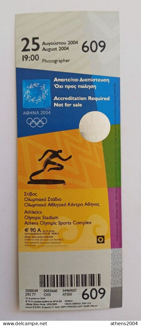 Athens 2004 Olympic Games - Athletics Unused Ticket, Code: 609 - Apparel, Souvenirs & Other