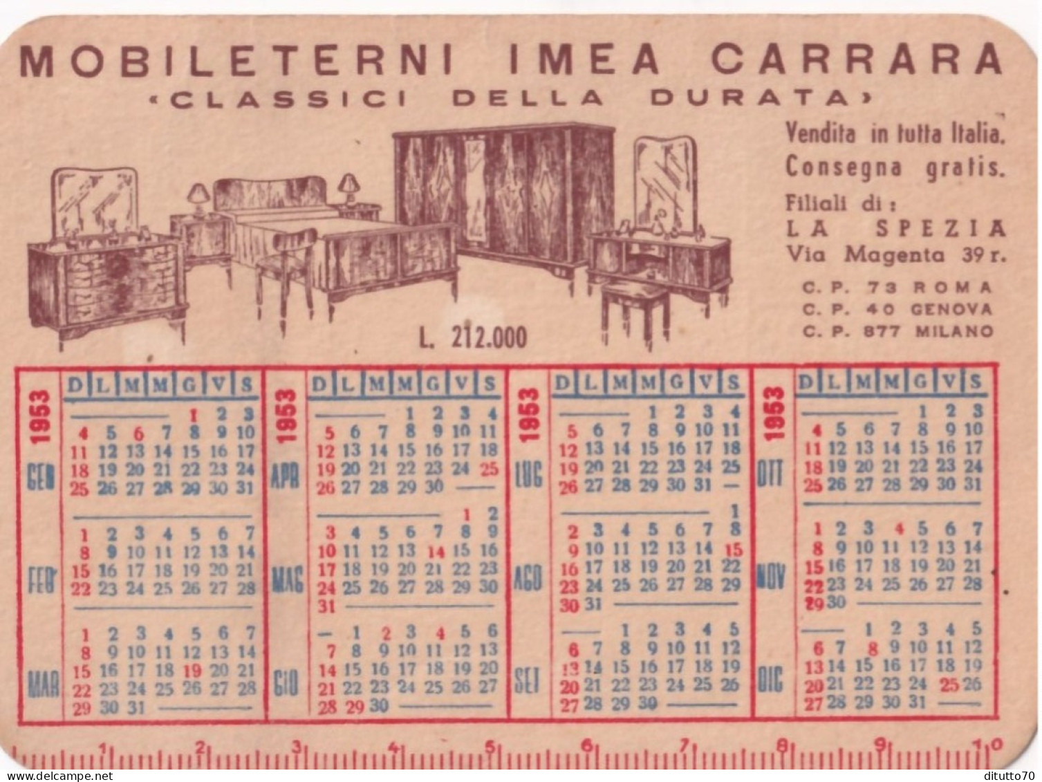 Calendarietto - Mobili Eterni - Imea - Carrara - Anno 1953 - Petit Format : 1941-60