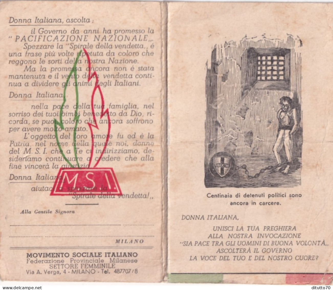 Calendarietto - Movimento Scociale Italiano - Milano - Anno 1953 - Petit Format : 1941-60
