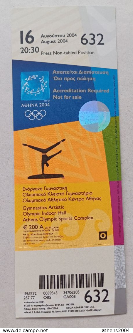 Athens 2004 Olympic Games - Gymnastics Unused Ticket, Code: 632 - Apparel, Souvenirs & Other