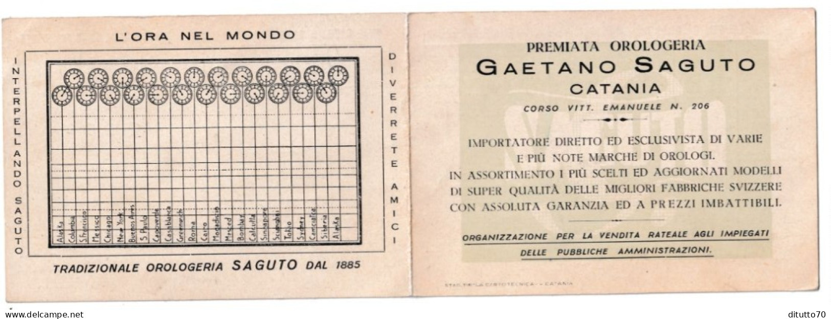 Calendarietto - Premiata Orologeria - Gaetano Saguto - Catania - Anno 1950 - Petit Format : 1941-60