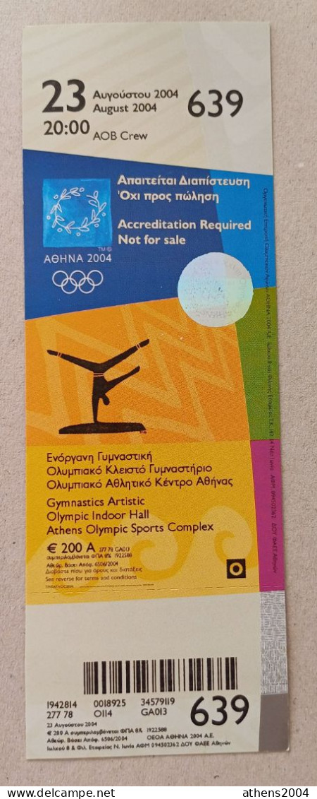 Athens 2004 Olympic Games - Gymnastics Unused Ticket, Code: 639 - Bekleidung, Souvenirs Und Sonstige