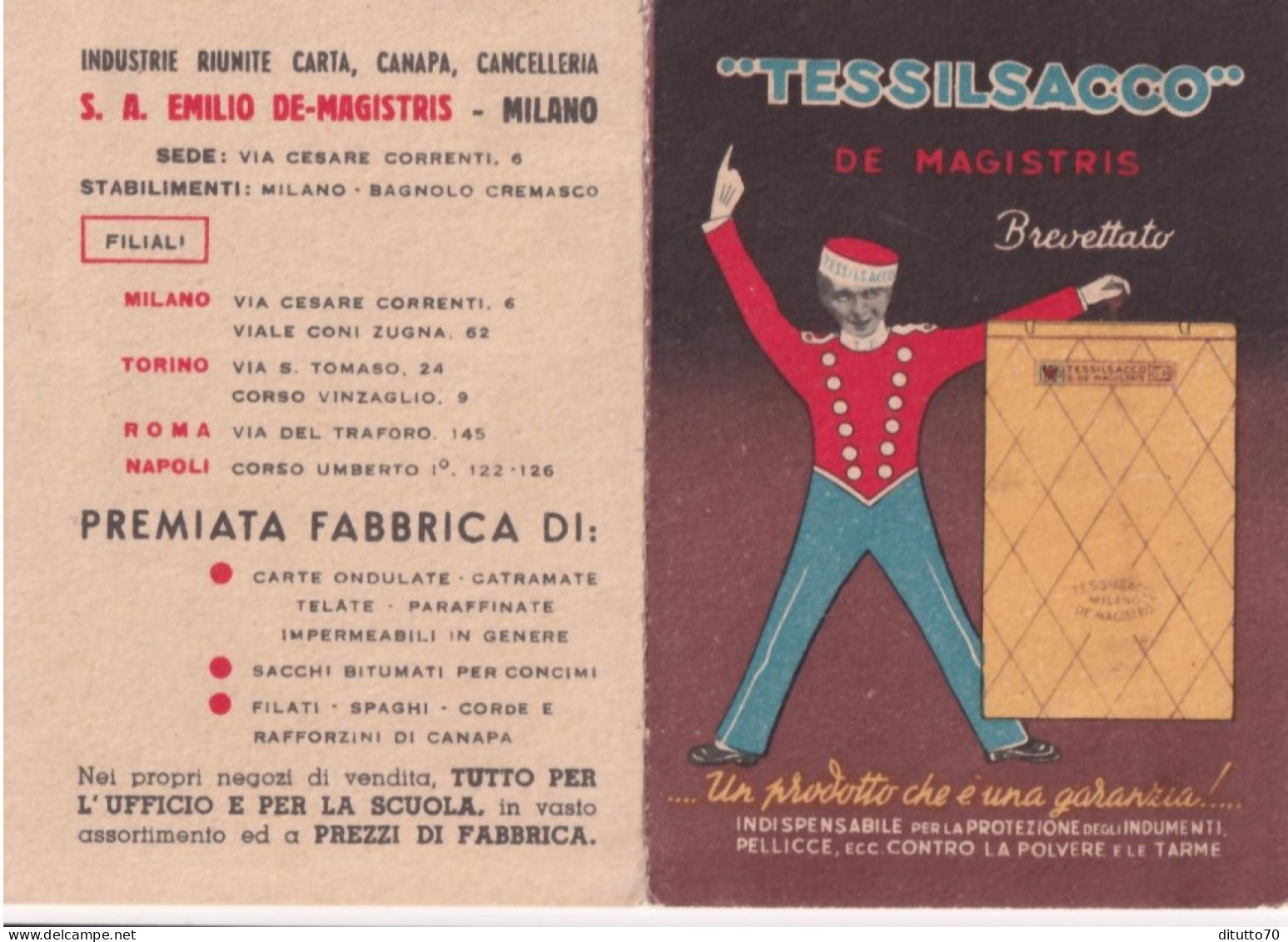 Calendarietto - Tessilsacco - De Magistris - Milano - Anno 1951 - Petit Format : 1941-60