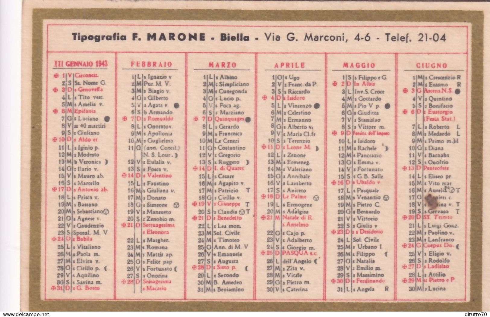 Calendarietto - Tipografia F.marone - Biella - Anno 1943 - Petit Format : 1941-60