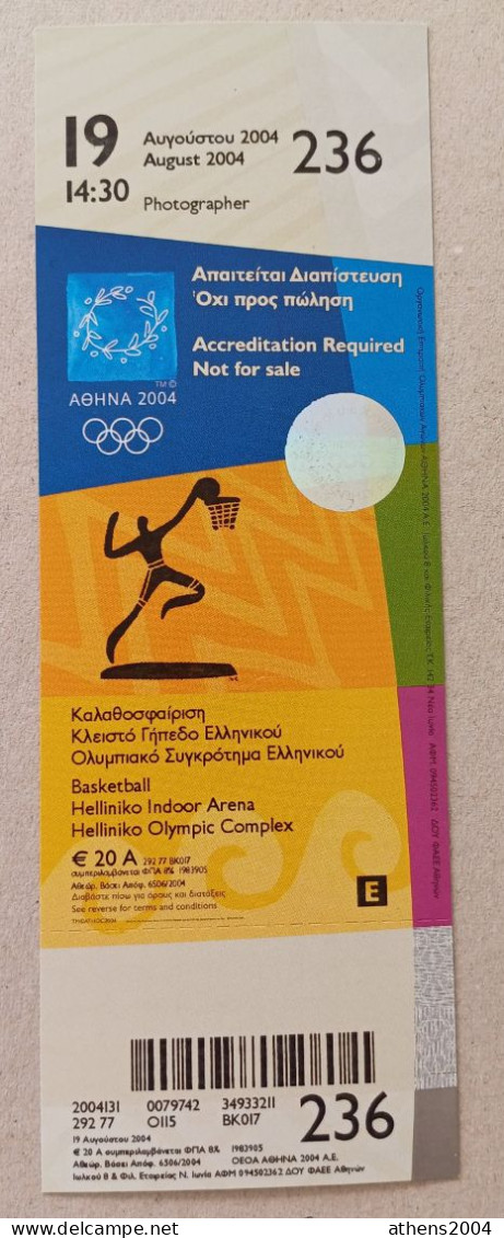 Athens 2004 Olympic Games -  Basketball Unused Ticket, Code: 236 - Bekleidung, Souvenirs Und Sonstige