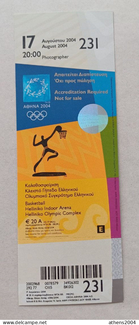 Athens 2004 Olympic Games -  Basketball Unused Ticket, Code: 231 - Abbigliamento, Souvenirs & Varie