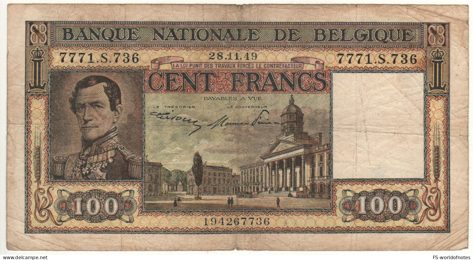 BELGIUM   100 Francs P126   Dated  28.11.49    ( Leopold I, - Brussels + Mounted Troups At Back - 100 Francs