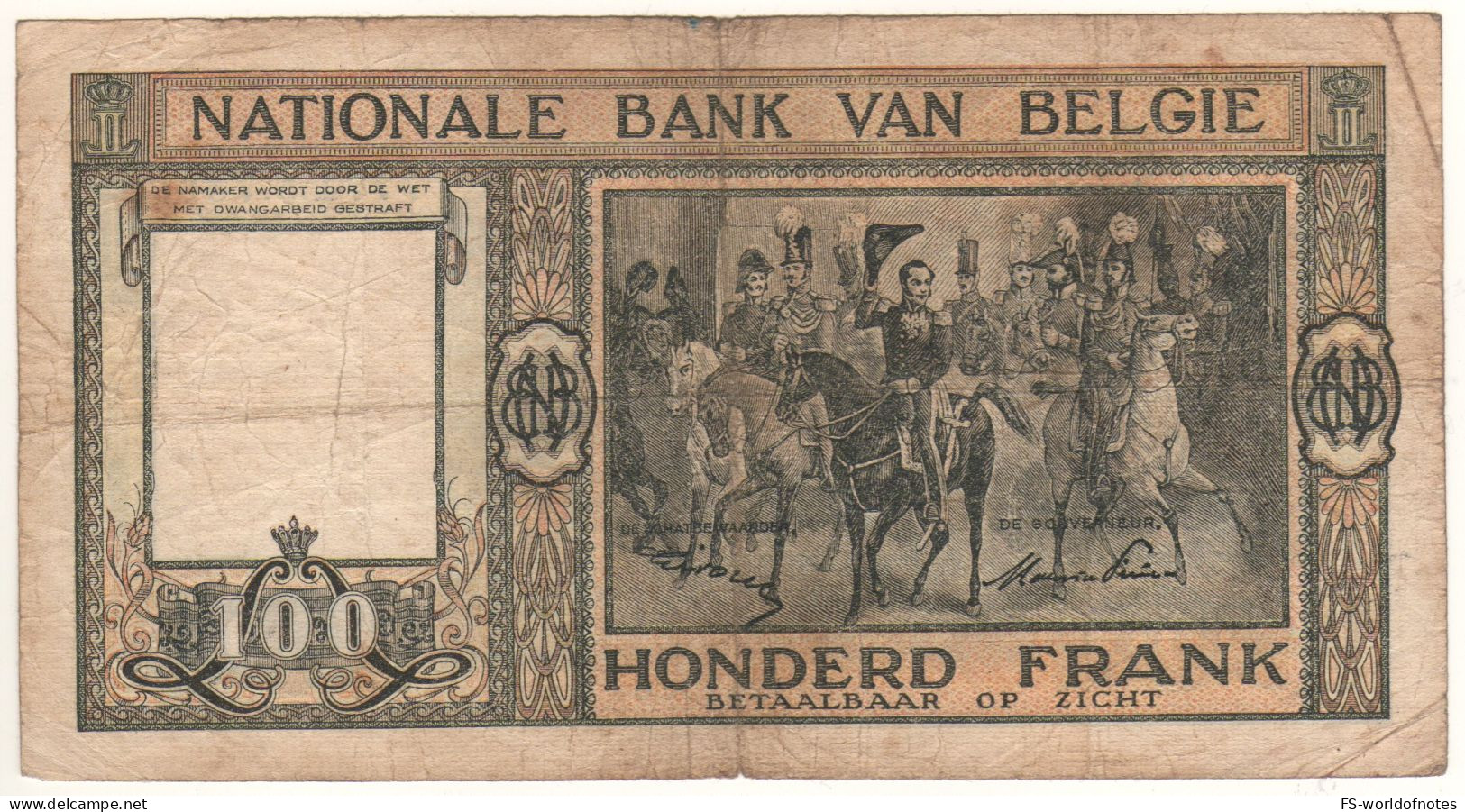 BELGIUM   100 Francs P126   Dated  28.11.49    ( Leopold I, - Brussels + Mounted Troups At Back - 100 Francs