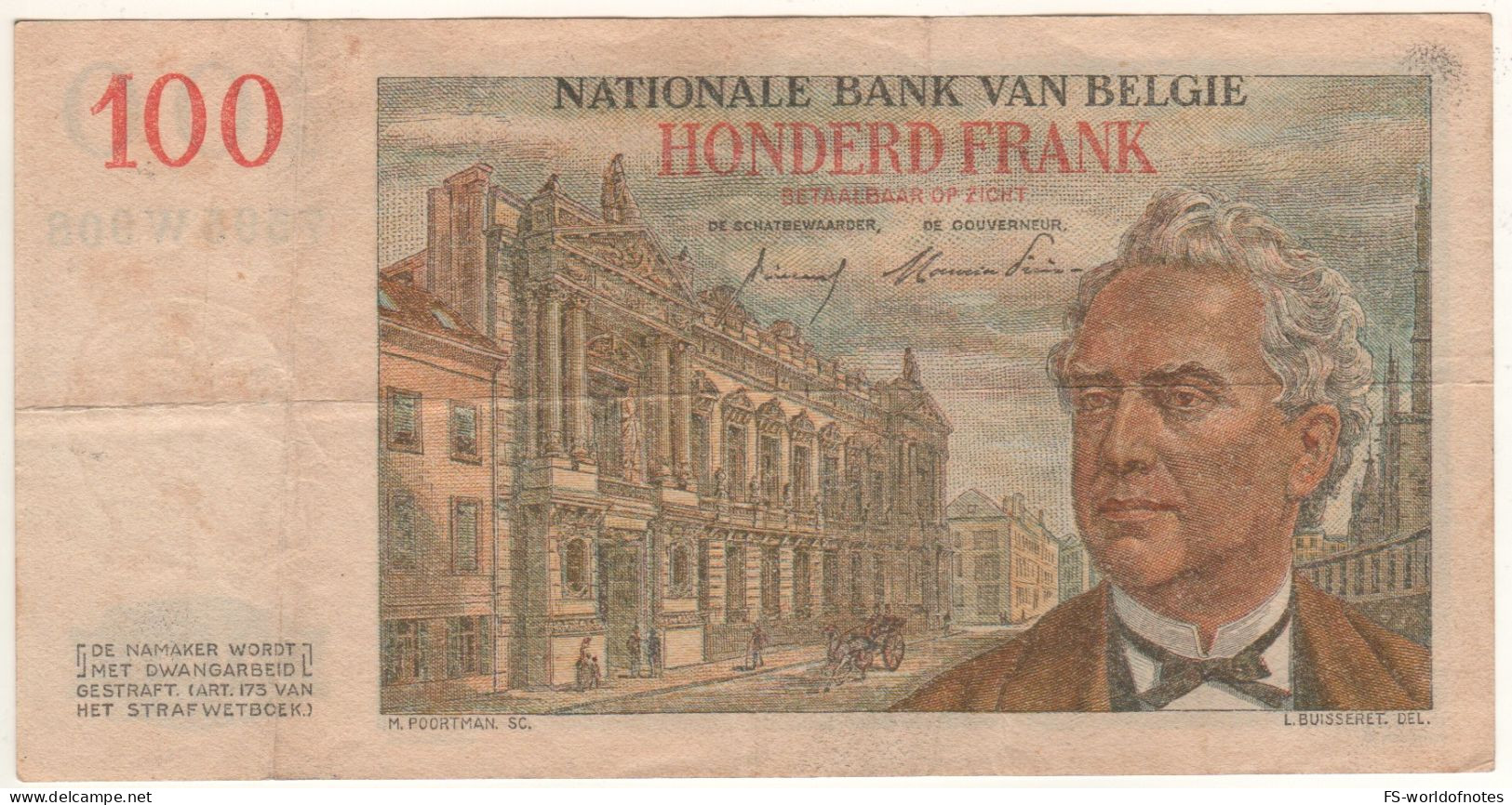 BELGIUM   100 Francs P129c   Dated 18.07.57    ( Leopold I, -  Bank Building, Walthère Frère- Orban  At Back ) - 100 Francs