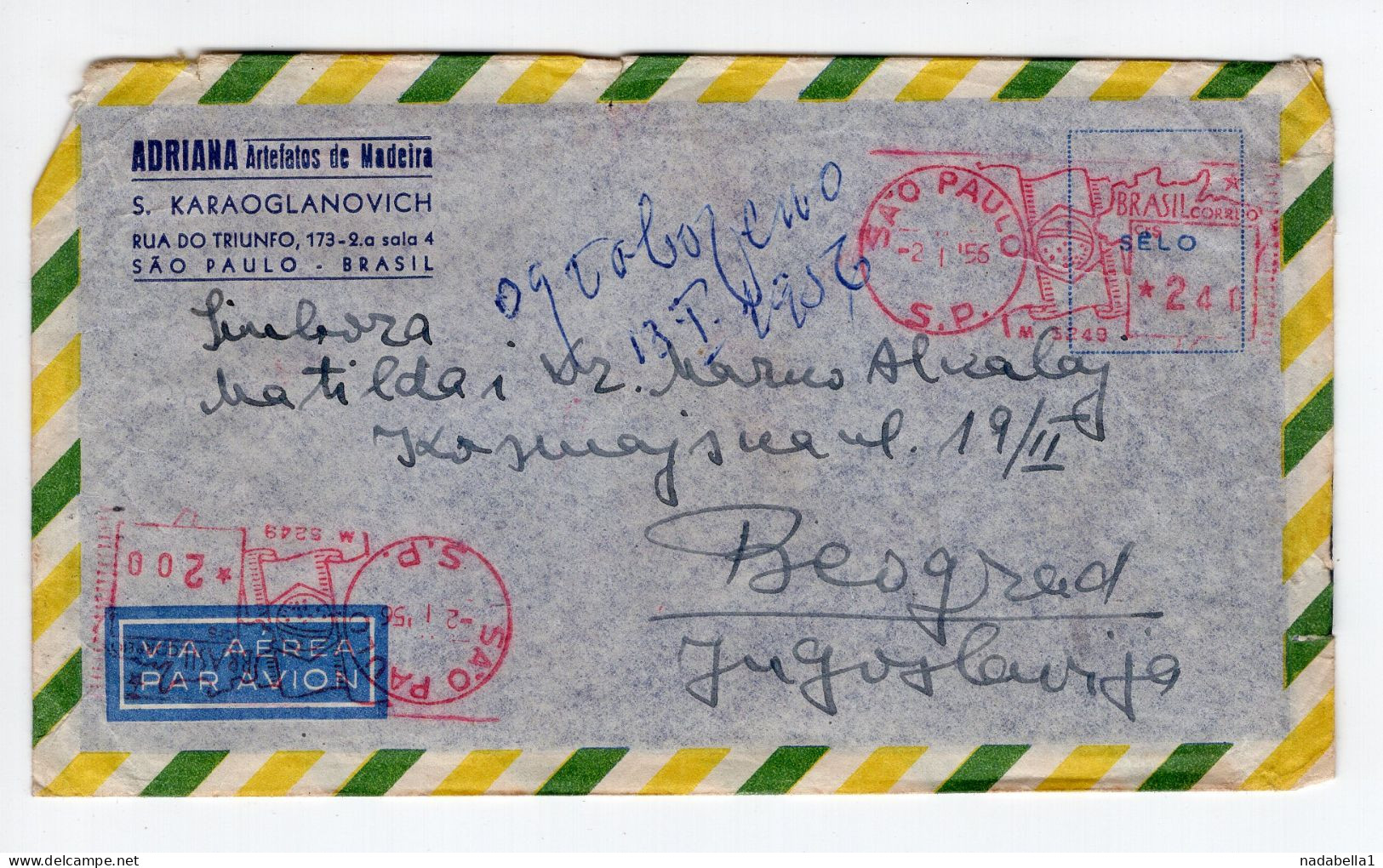 1956. BRASIL,SAO PAULO  TO BELGRADE,YUGOSLAVIA,AIRMAIL HEADED COVER,ADRIANA ARTEFACTS - Posta Aerea