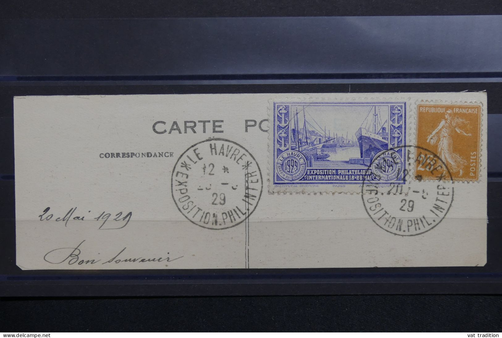 FRANCE - Vignette De L'Exposition Du Havre De 1929 Sur Grand Fragment De Carte Postale Avec Cachet - A 1261 - Briefmarkenmessen