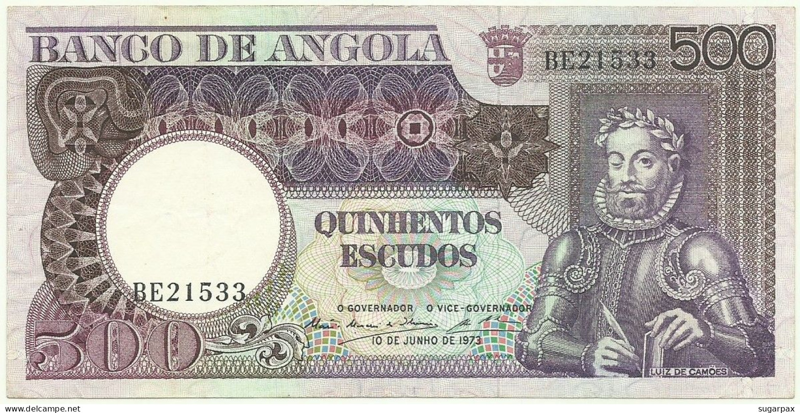 Angola - 500 Escudos - 10.6.1973 - Pick: 107 - Serie BE - Luiz De Camões - PORTUGAL - Angola