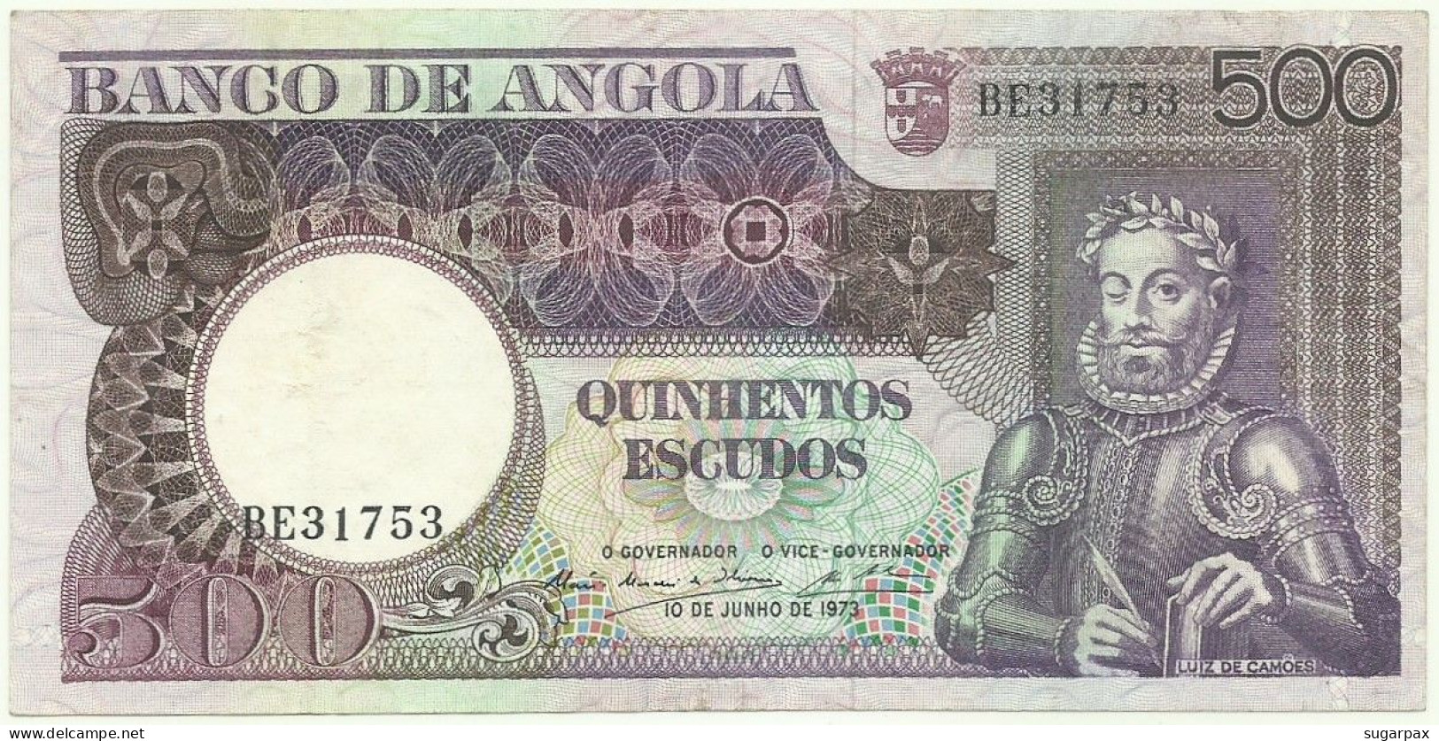 Angola - 500 Escudos - 10.6.1973 - Pick: 107 - Serie BE - Luiz De Camões - PORTUGAL - Angola