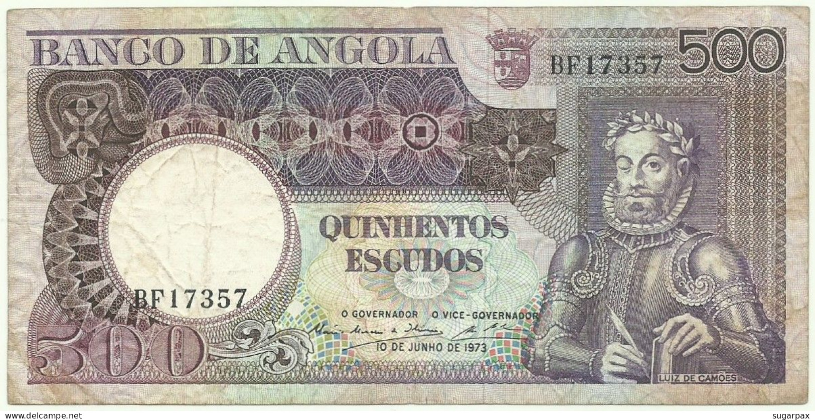 Angola - 500 Escudos - 10.6.1973 - Pick: 107 - Serie BF - Luiz De Camões - PORTUGAL - Angola