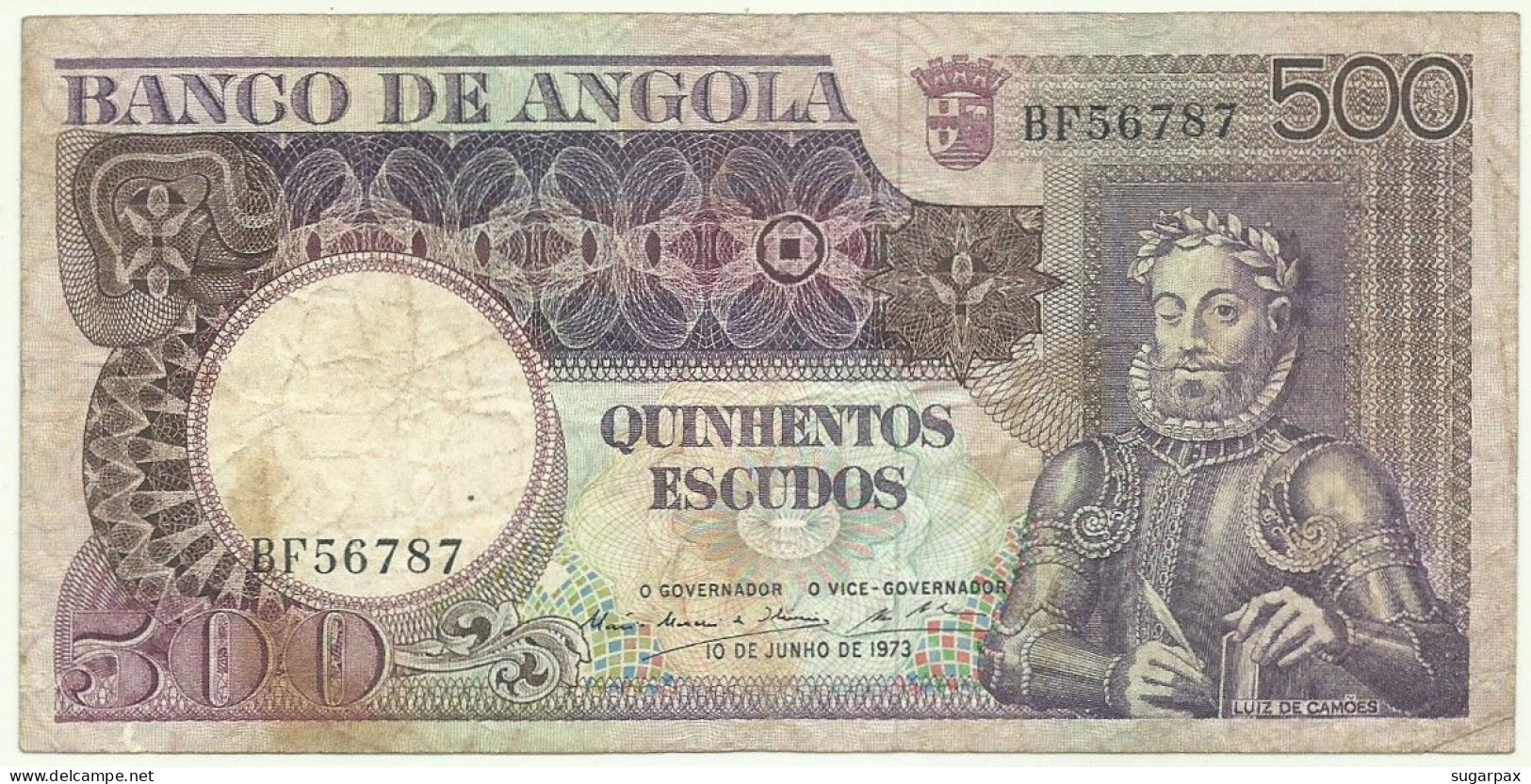 Angola - 500 Escudos - 10.6.1973 - Pick: 107 - Serie BF - Luiz De Camões - PORTUGAL - Angola