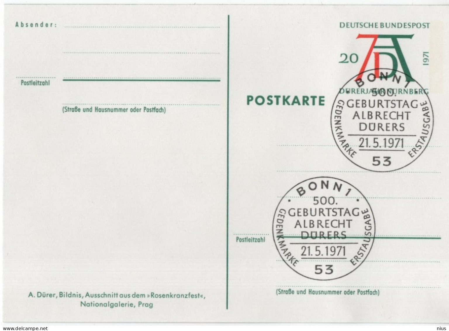 Germany Deutschland 1971 Albrecht Durer, German Painter, Artist, Bildnis, Ausschnitt Aus Dem "Rosenkranzest", Bonn - Postales - Usados