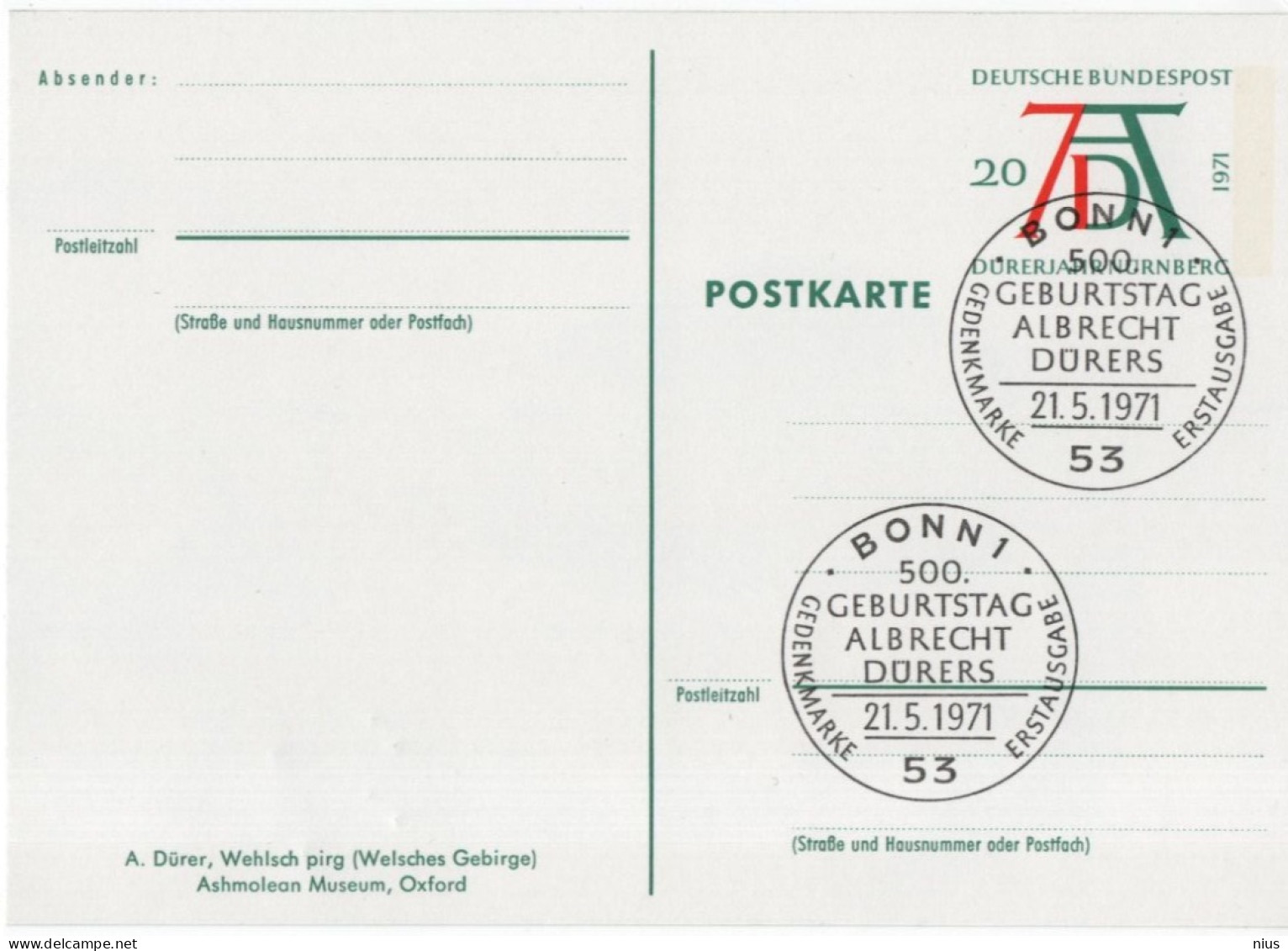 Germany Deutschland 1971 Albrecht Durer, German Painter, Printmaker, Artist, Wehlsch Pirig Welsches Gebirge, Bonn - Postales - Usados