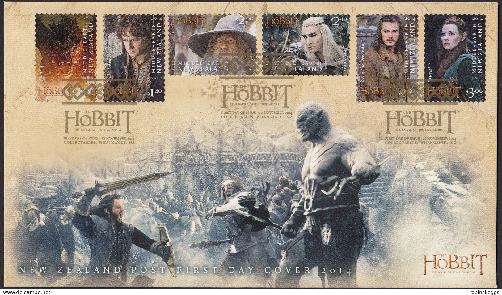 NEW ZEALAND 2014 The Hobbit: Five Armies, Set Of 6 S/A's FDC - Fantasy Labels