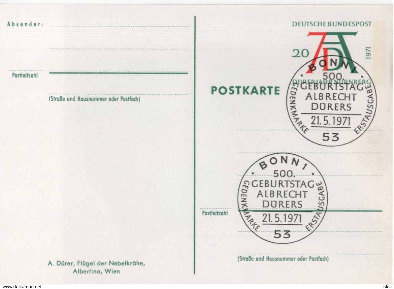Germany Deutschland 1971 Albrecht Durer, German Painter, Printmaker, Artist, Flugel Der Nebelkrahe, Canceled In Bonn - Cartoline - Usati