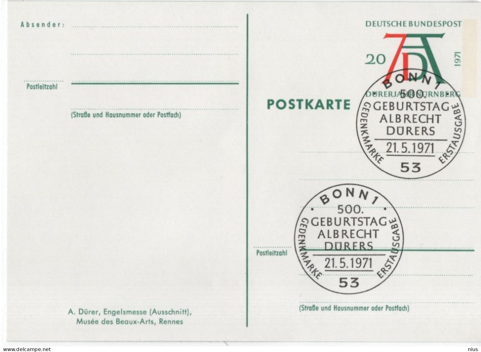 Germany Deutschland 1971 Albrecht Durer, German Painter, Printmaker, Artist, Engelsmesse Ausschnitt, Canceled In Bonn - Postcards - Used