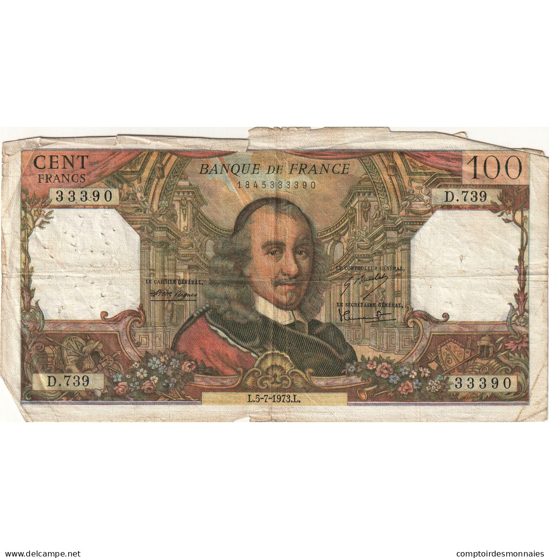 France, 100 Francs, Corneille, 1973, D.739, AB+, Fayette:65.43, KM:149d - 100 F 1964-1979 ''Corneille''