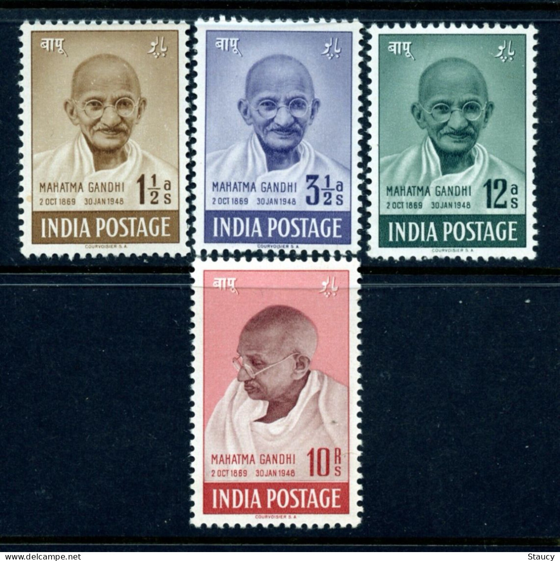 India 1948 Mahatma Gandhi Mourning 4v SET Mounted Mint Gum Disturbed, NICE COLOUR As Per Scan - Neufs