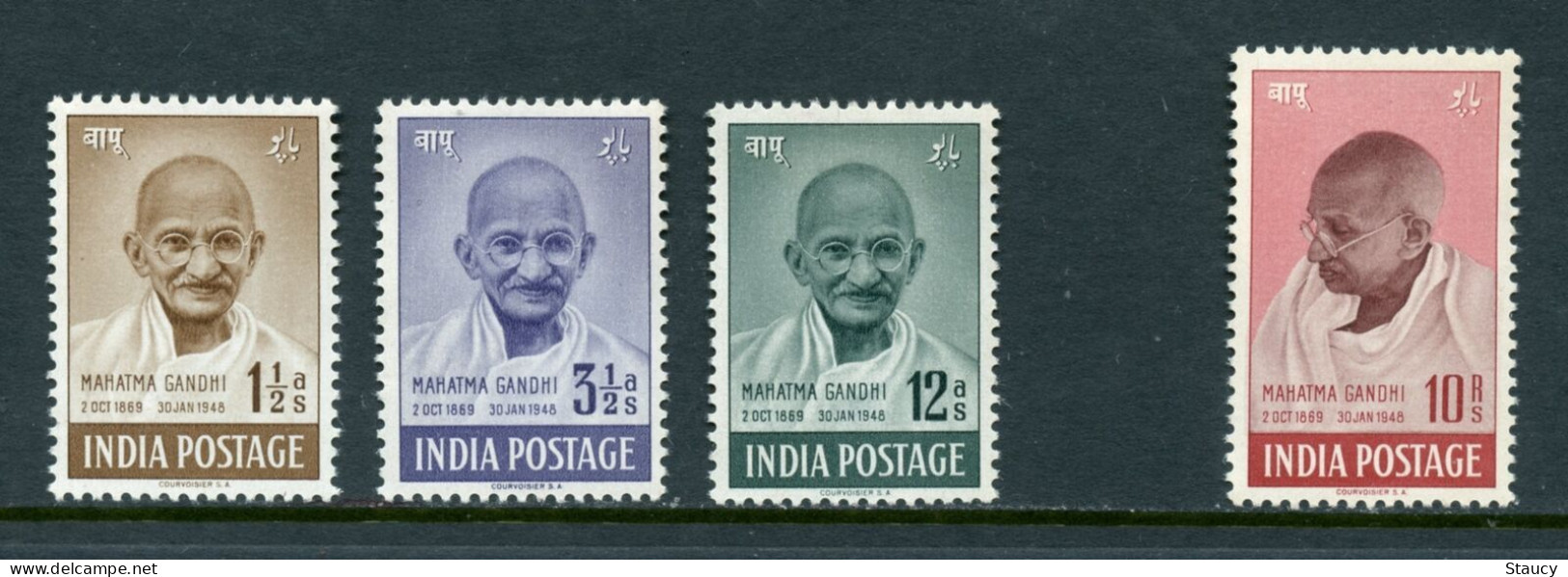 India 1948 Mahatma Gandhi Mourning 4v SET Mounted Mint Gum Disturbed, NICE COLOUR As Per Scan - Ongebruikt