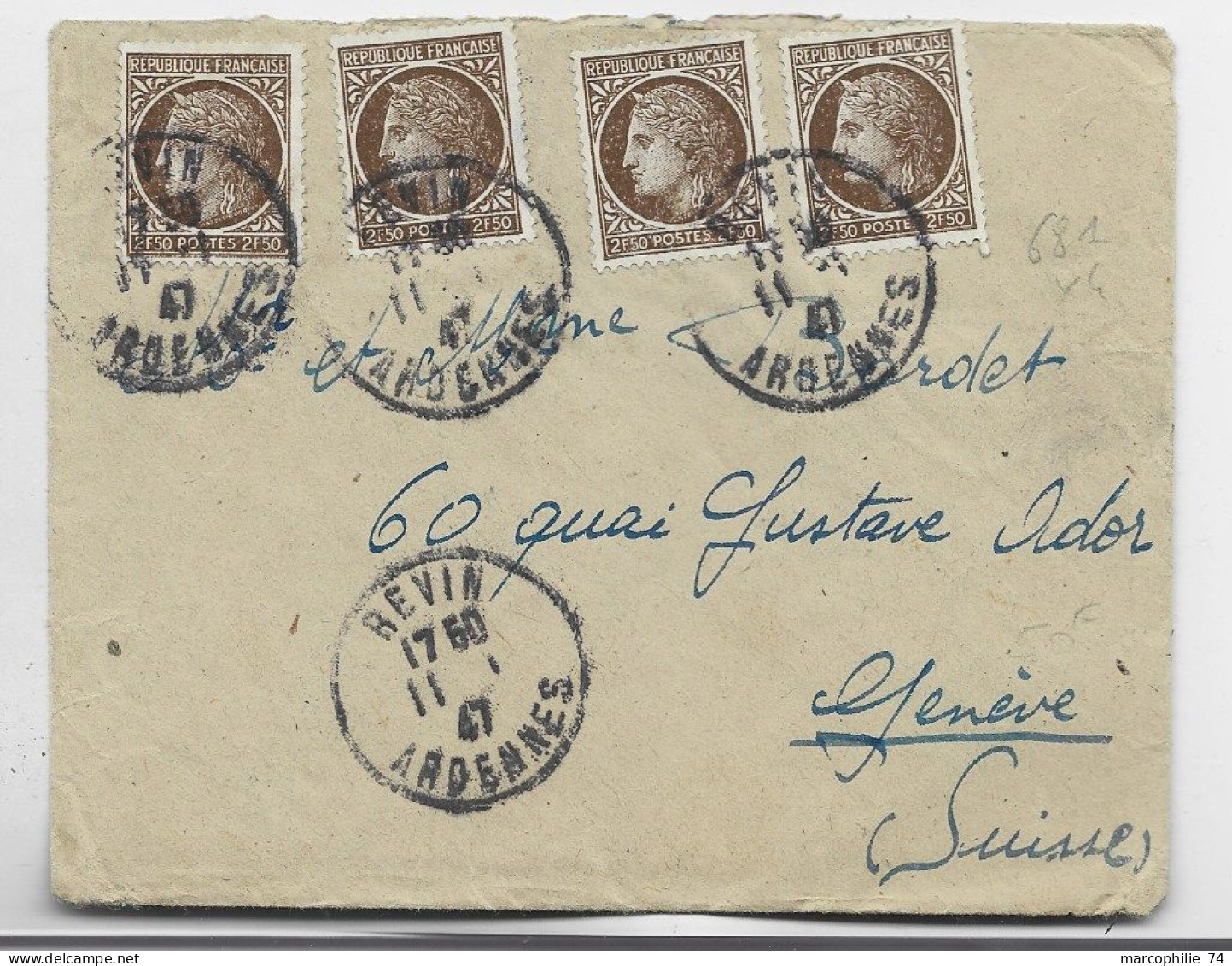 FRANCE MAZELIN 2FR50X4 LETTRE COVER REVIN 11.1.1947 ARDENNES POUR SUISSE AU TARIF - 1945-47 Ceres Of Mazelin