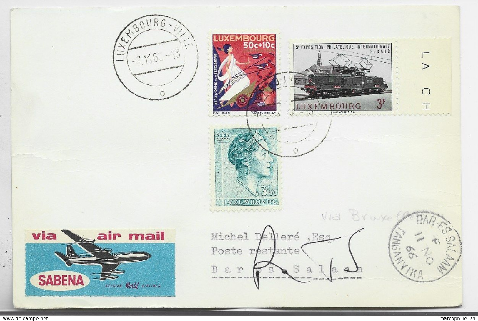 LUXEMBOURG 3FR50+ 50C SURTAXE +3FR TRAIN CARTE AIR MAIL SABENA LUXEMBOURG VILLE 7.11.1966 TO TANGANYIKA - Cartas & Documentos