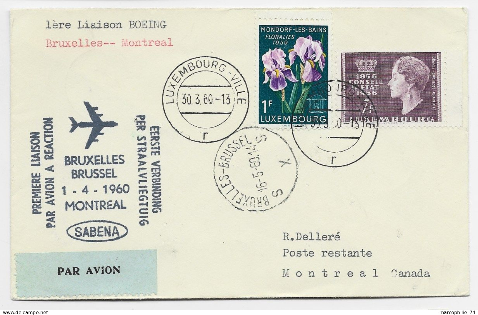 LUXEMBOURG 1FR+7FR LETTRE COVER LUXEMBOURG VILLE 30.3.1960 AIR MAIL AVION BOEING BRUXELLES MONTREAL CANADA - Brieven En Documenten