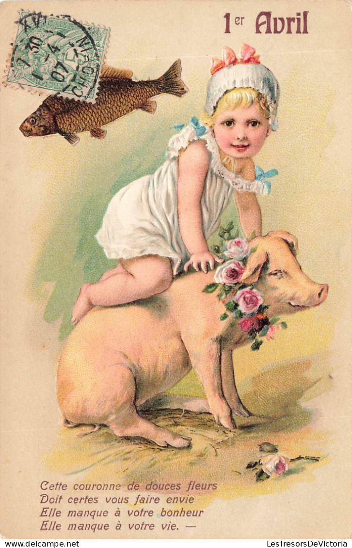 FÊTES - VŒUX -  1er Avril  - Dessin - Une Petite Fille Sur Un Cochon - Carte Postale Ancienne - 1er Avril - Poisson D'avril