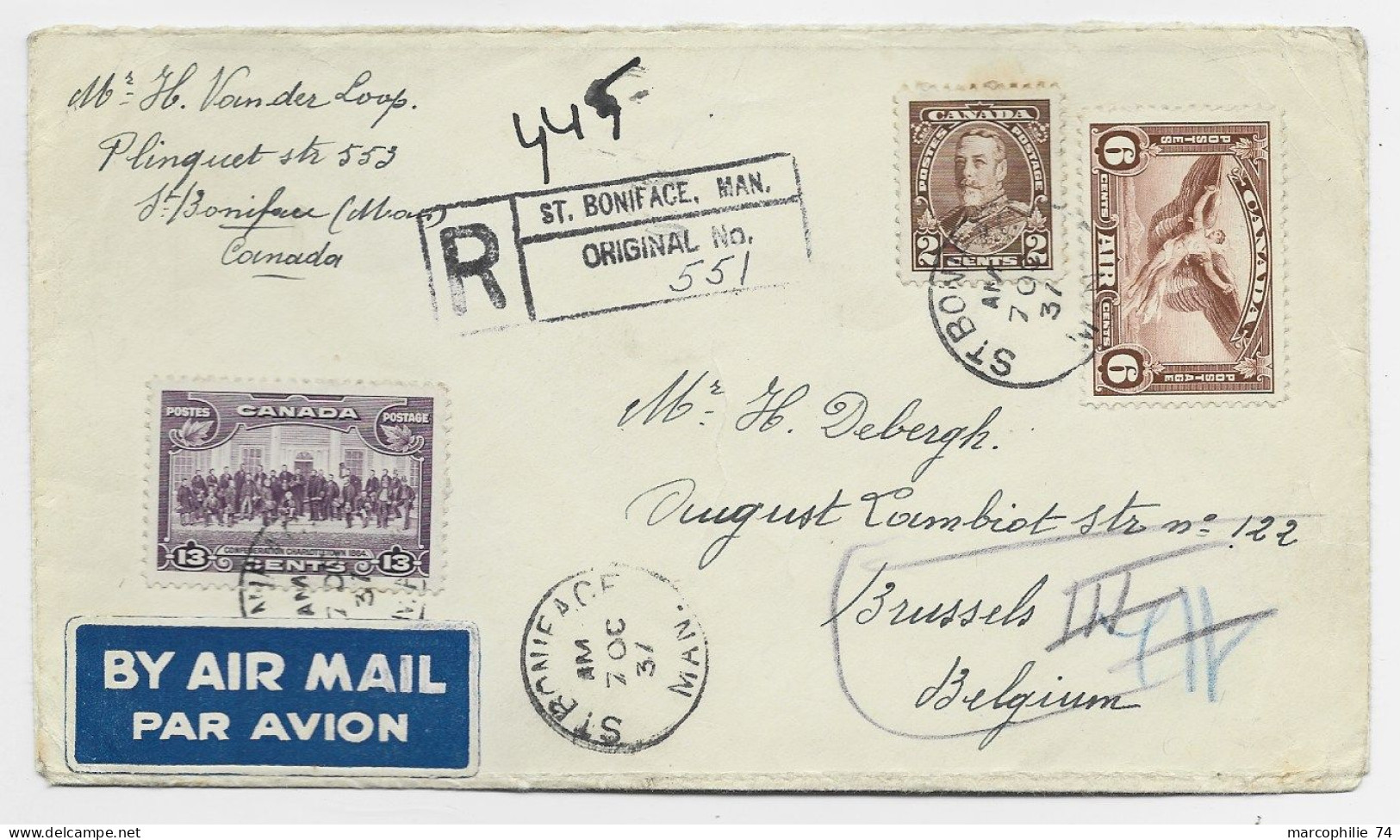 CANADA 2C+13C+ PA 6 AIR LETTRE COVER REC AIR MAIL ST BONIFACE 7 OC 1937 TO BELGIQUE - Storia Postale