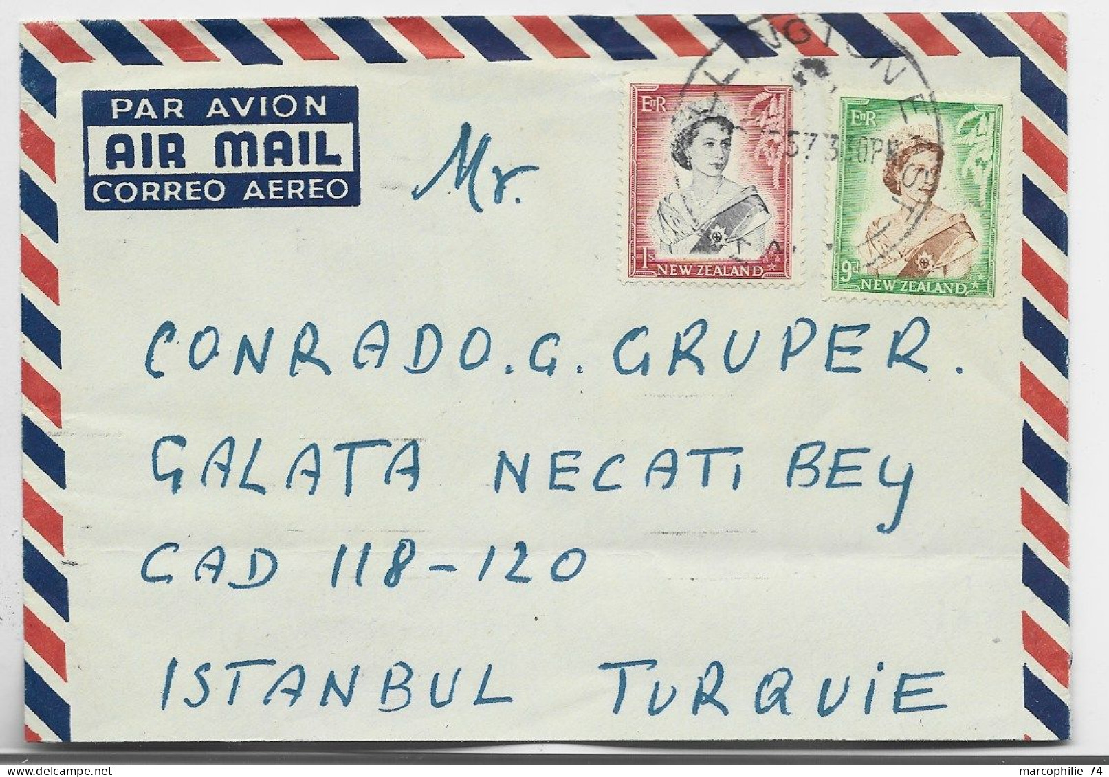 NEW ZEALAND 1S+9D LETTRE COVER AIR MAIL WELLINGTON 1957 TO TURKEY - Lettres & Documents