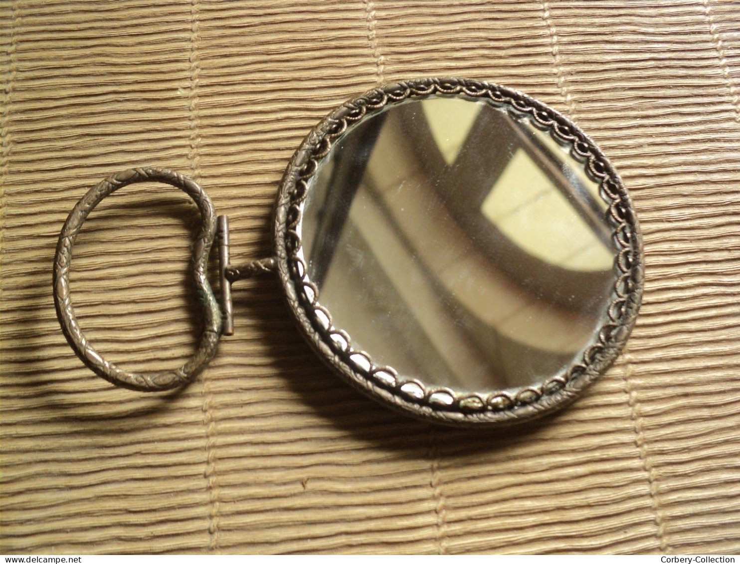 Ancien Petit Miroir Face à Main Métal Bronze Laiton Verre Biseautée - Andere & Zonder Classificatie