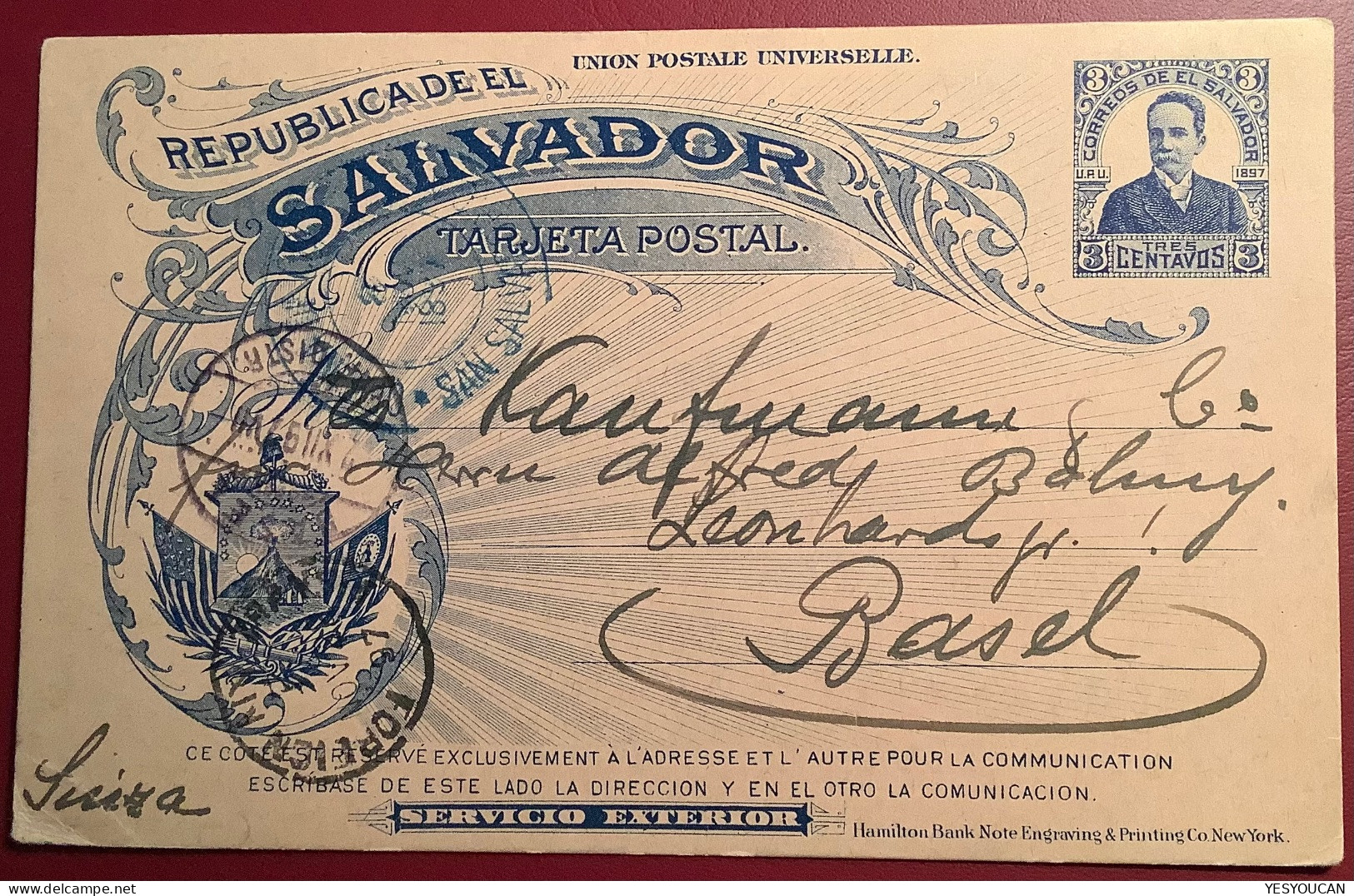 1897 3c Postal Stationery Card SAN SALVADOR>Basel Schweiz. Text: Buying Indigo Dye Pigment Near Honduras (textile Dyes - El Salvador