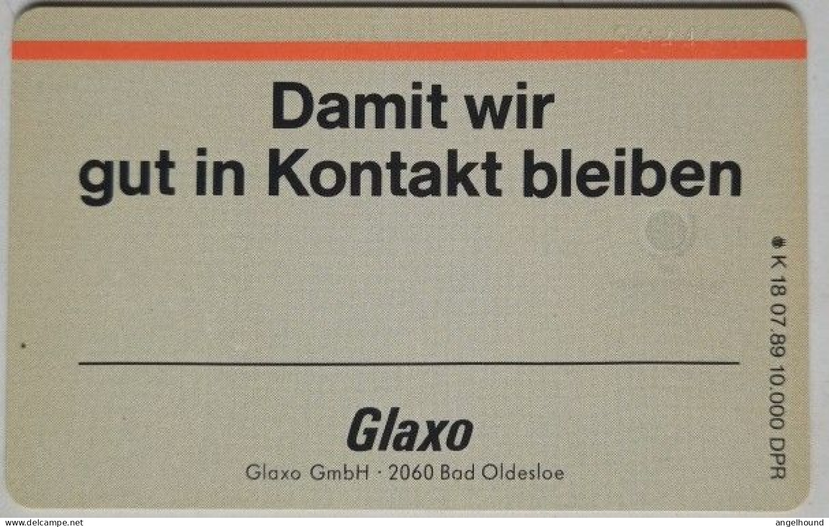 Germany 20 Unit  K 18 07.89  10000 Mintage - Glaxo GMBH 2 - Dermoxin - K-Series: Kundenserie