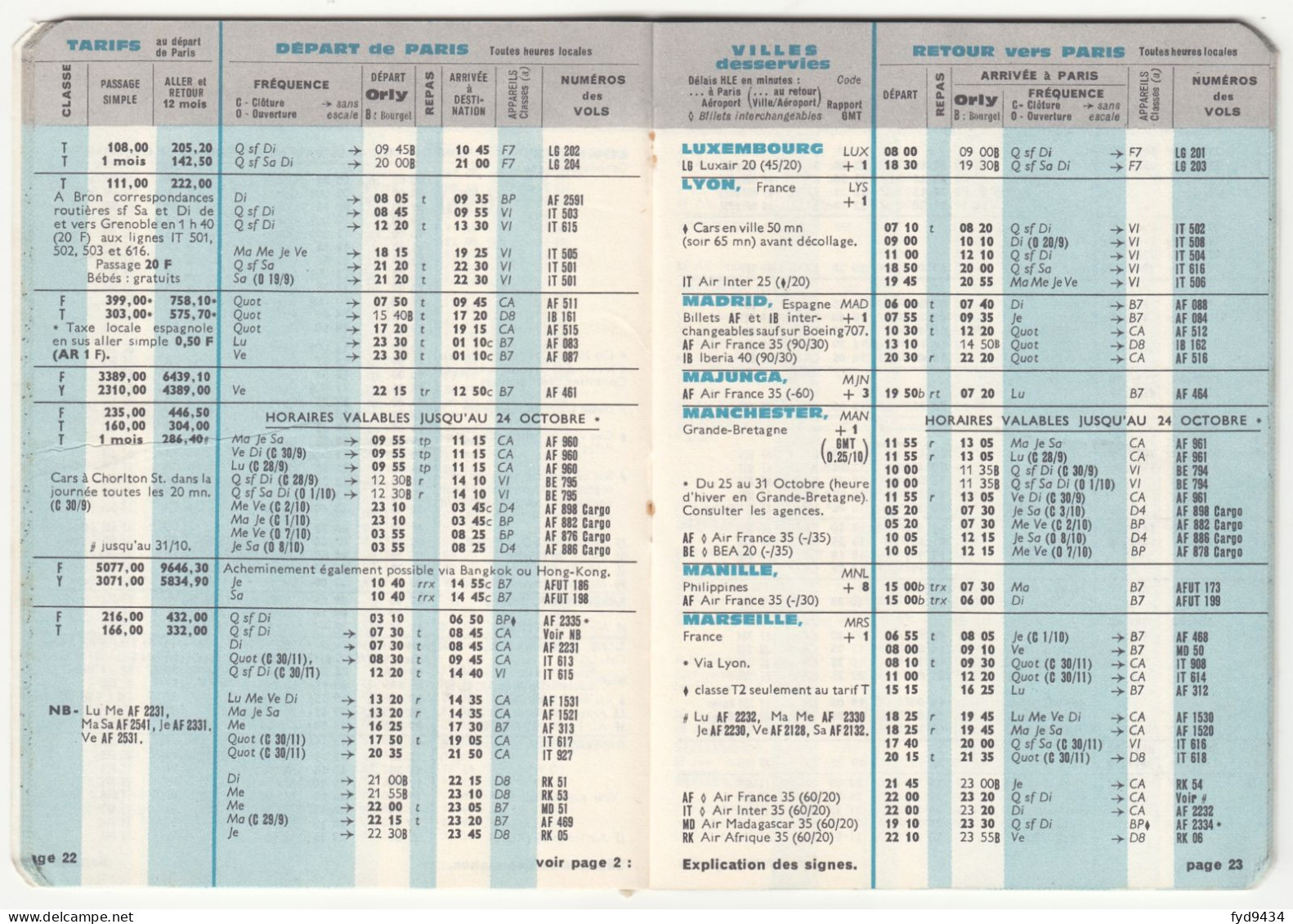 Horaire De Poche N° 76 - Air France - Du 1er Septembre Au 31 Octobre 1964 - Orari