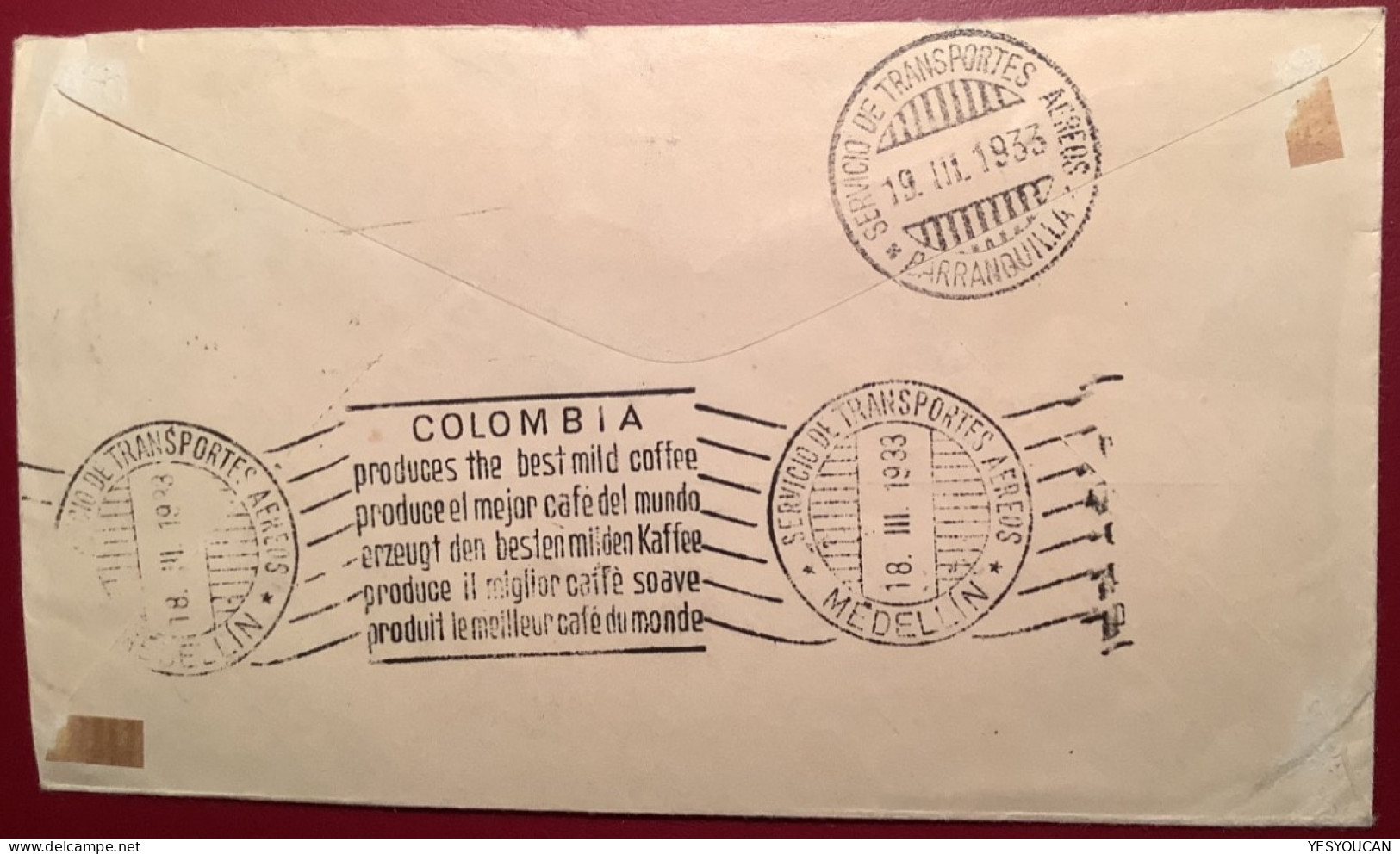 1933 SCARCE“POR AVION DIRECTO”together“CORREO AERO MANCOMUN”Medellin Colombia Air Mail Cover>Schweiz (coffee Bananas - Colombia