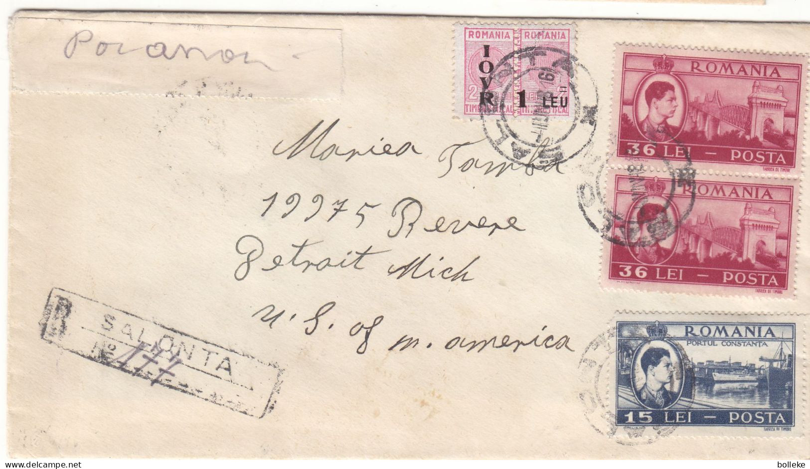 Roumanie - Lettre Recom De 1948 - Oblit Salonta - Exp Vers Detroit - Cachets De New York Et Hamtramck - - Storia Postale