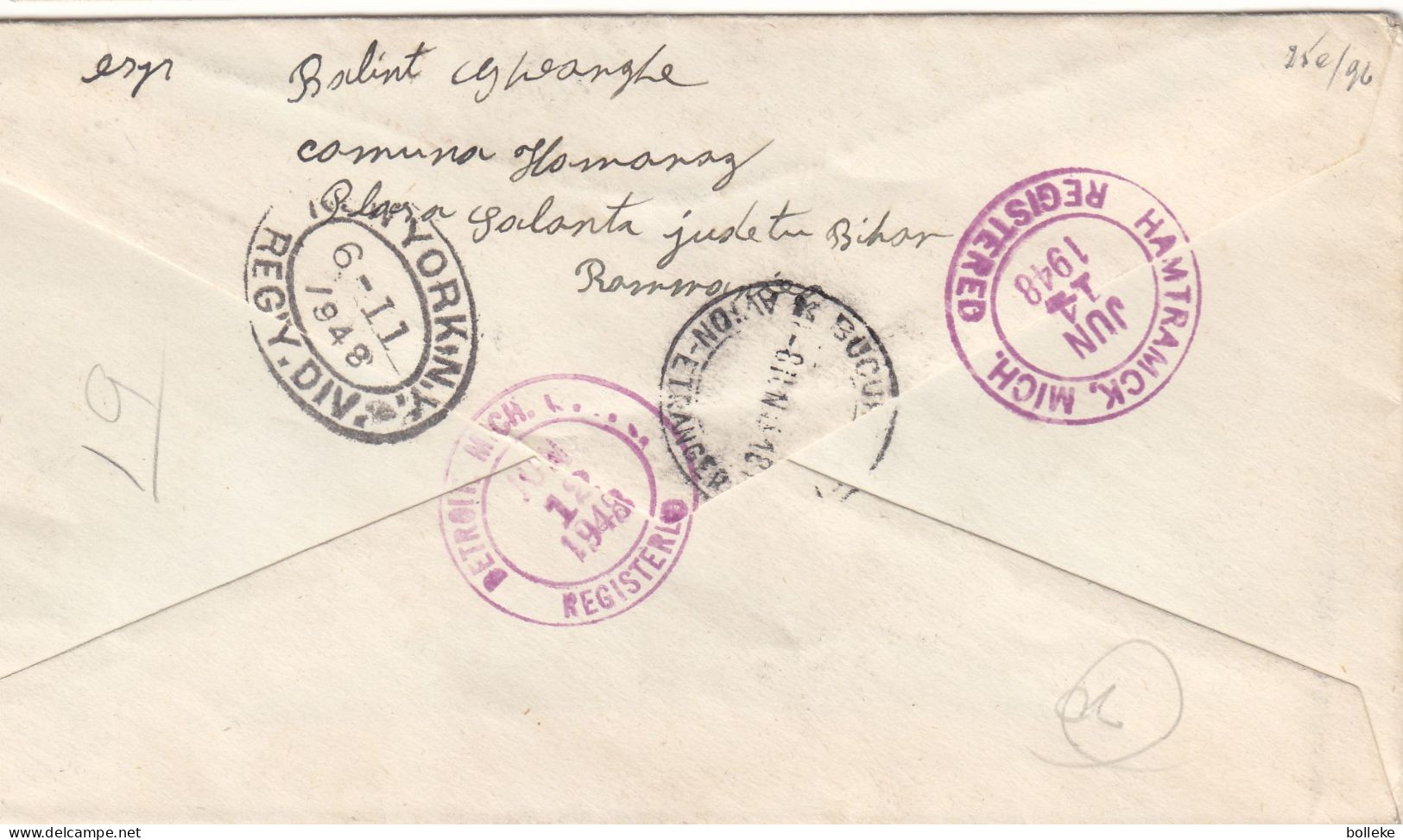 Roumanie - Lettre Recom De 1948 - Oblit Salonta - Exp Vers Detroit - Cachets De New York Et Hamtramck - - Lettres & Documents