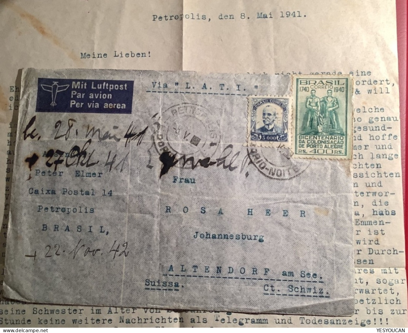 Brazil1941 VIA L.A.T.I.(Linee Aeree Transcontinentali Italiane)air Mail Cover>Schweiz (acoes LATI Steel Iron - Covers & Documents