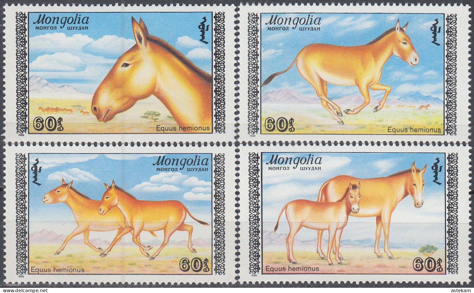 MONGOLIA 1988, FAUNA, EQUUS HEMIONIS, COMPLETE MNH SERIES With GOOD QUALITY, *** - Mongolie