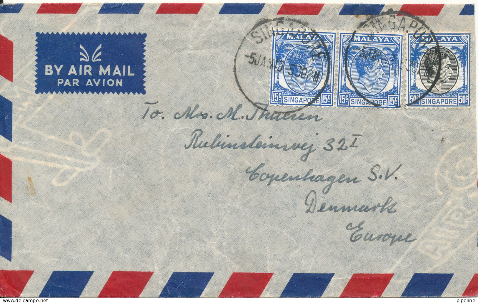 Malaya Singapore Air Mail Cover Sent To Denmark 5-1-1949 - Singapour (...-1959)