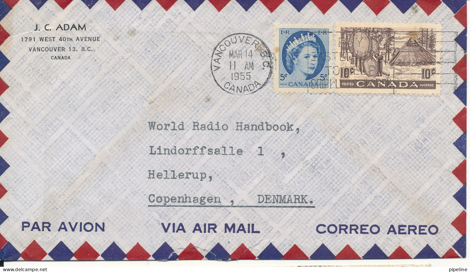 Canada Air Mail Cover Sent To Denmark Vancouver 14-3-1955 (the Cover Is Damaged At The Bottom By Opening) - Airmail