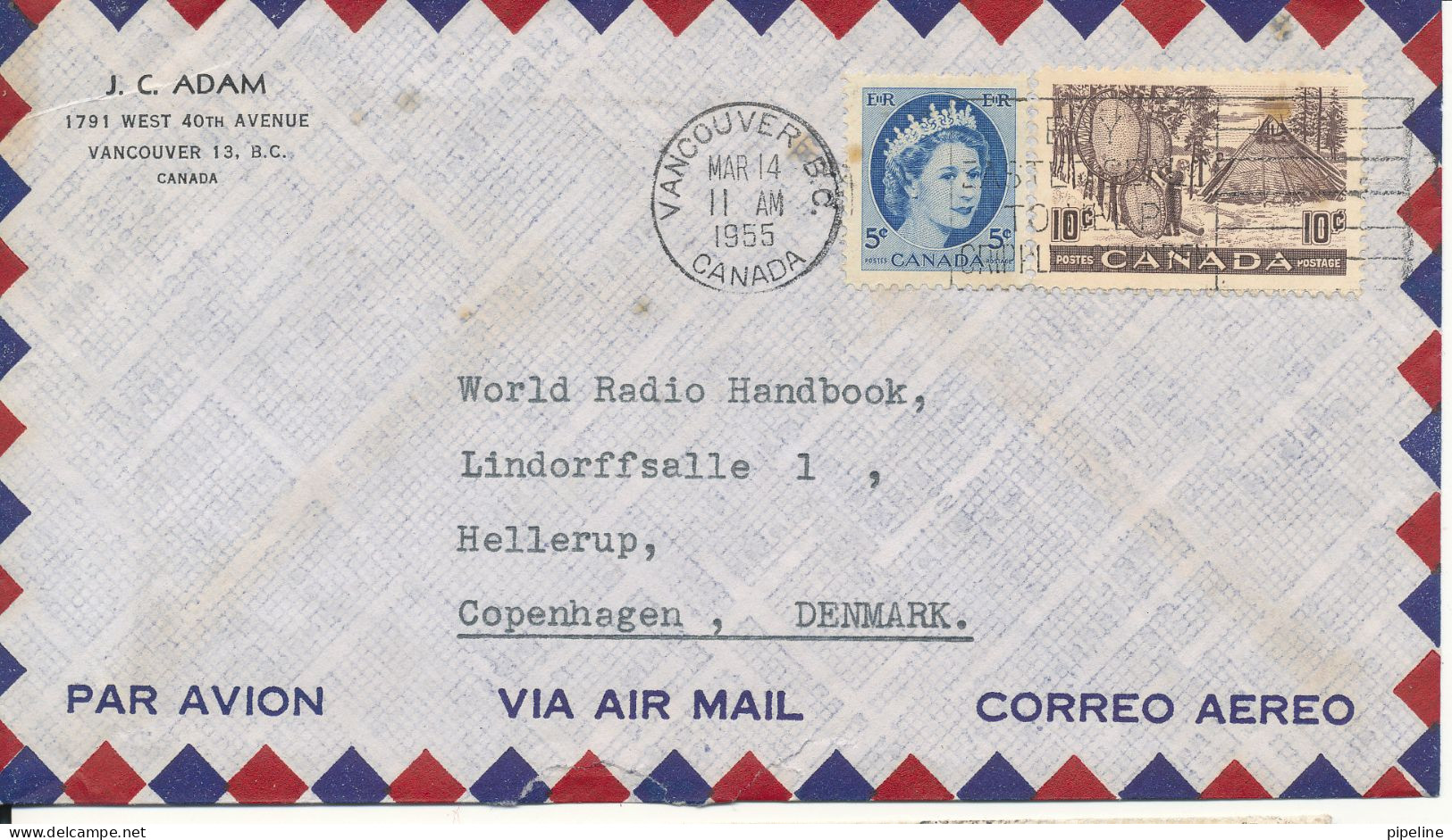 Canada Air Mail Cover Sent To Denmark Vancouver 14-3-1955 (the Cover Is Damaged At The Bottom By Opening) - Luchtpost