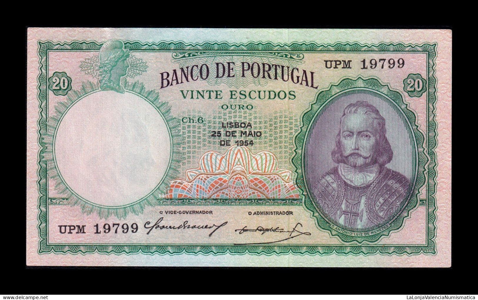 Portugal 20 Escudos 1954 Pick 153a Firma 11 Sc- AUnc - Portugal