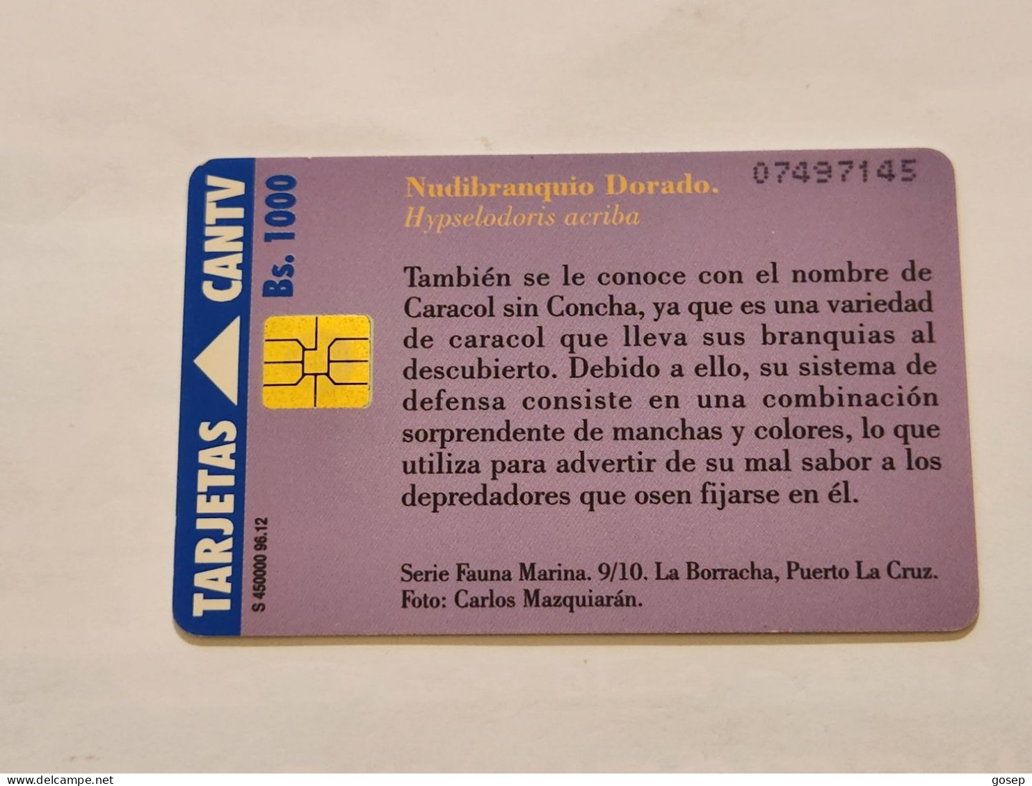 Venezuela-(VE-CAN2-0177)-Nudibranquio Dorado-(9/10)-(216)(Bs.1000)(07497145)-used Card+1card Prepiad Free - Venezuela