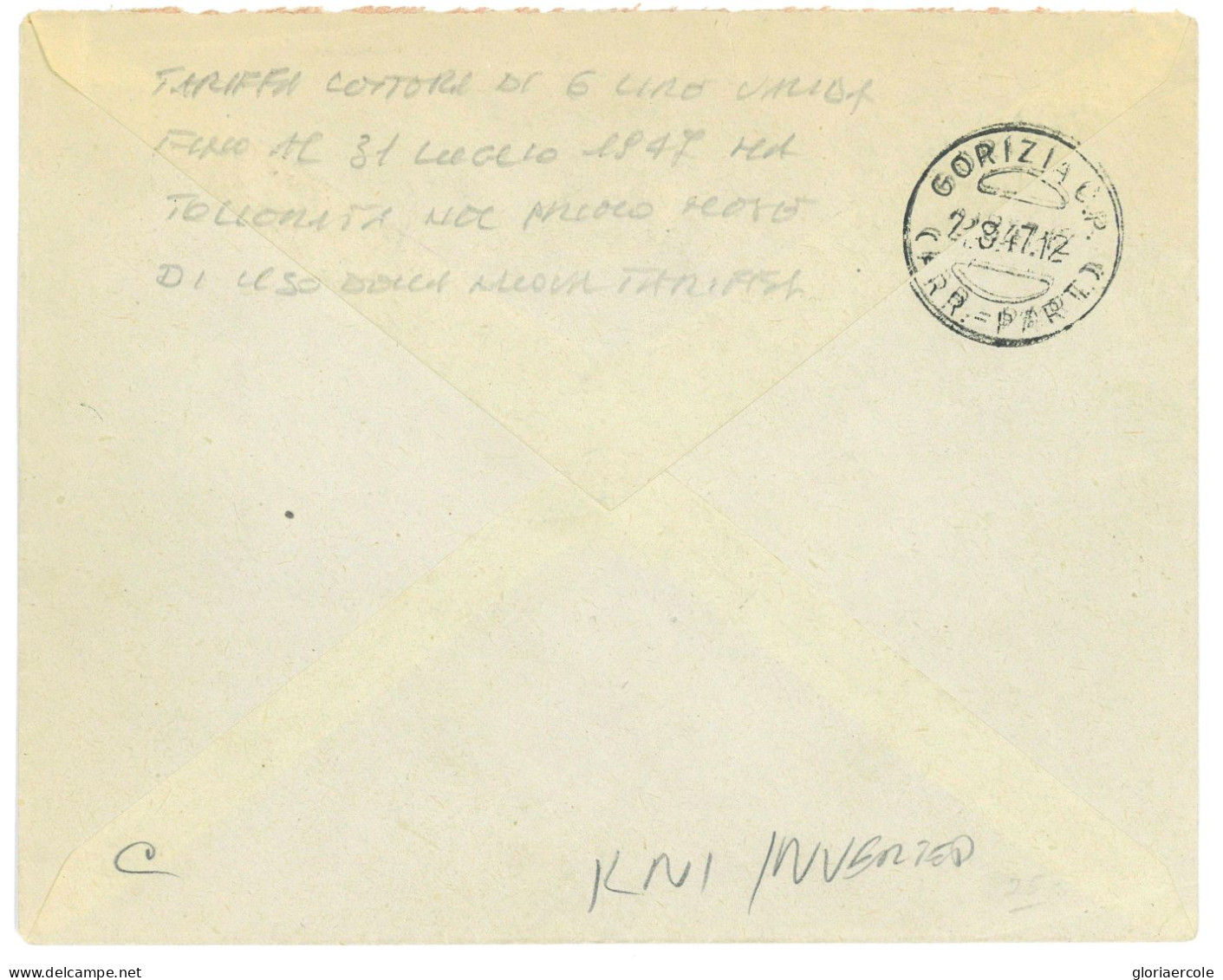 P2649 - ITALIA AMGVG , LETTERA TARIFFA L. 6,00 DA TRIESTE A GORIZIA, 20.8.47, SASS. 1 D, SOVRASTAMPA ROVESCIATA!!!! - Marcofilía