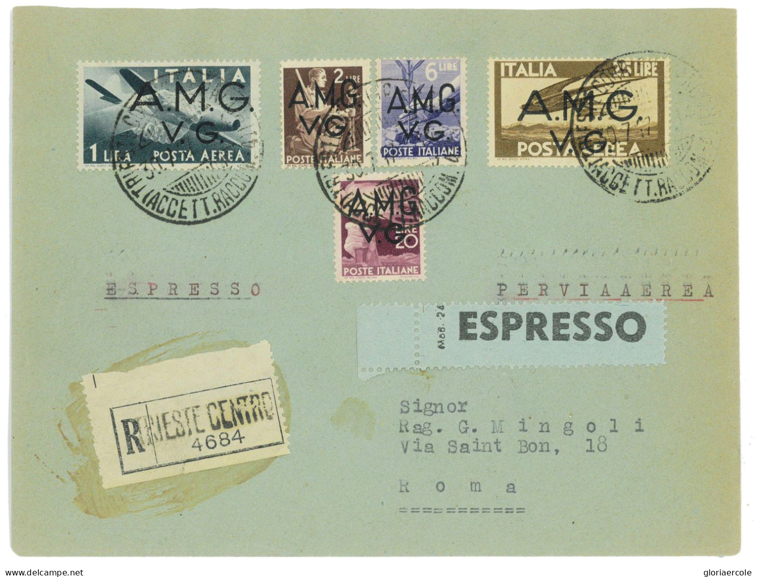 P2650 - ITALIA AMGVG , BELLISSIMA LETTERA RACCOMANDATA ESPRESSO PER ROMA, 30.7.47 IN TARIFFA ESATTA. - Marcofilía